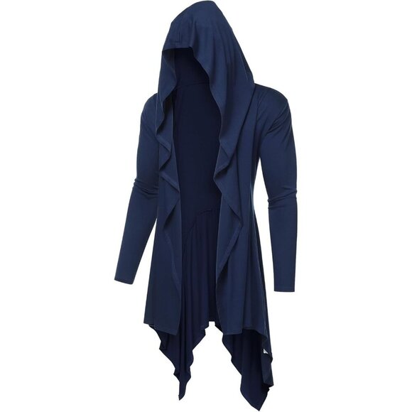 Men's Navy Long Hooded Cardigan Ruffle Shawl Collar Lightweight Overcoat